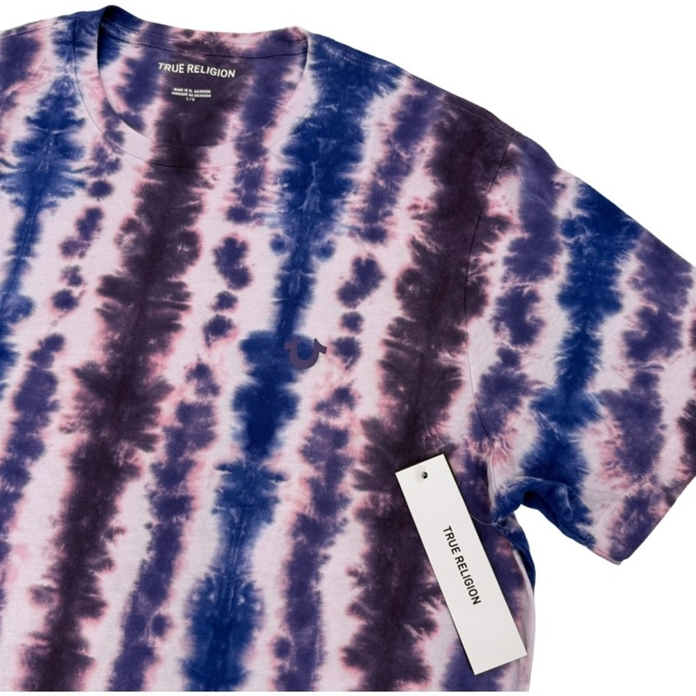 TRUE RELIGION NEW Large T-Shirt Purple Blue Tie Dye Horseshoe Logo Watercolor